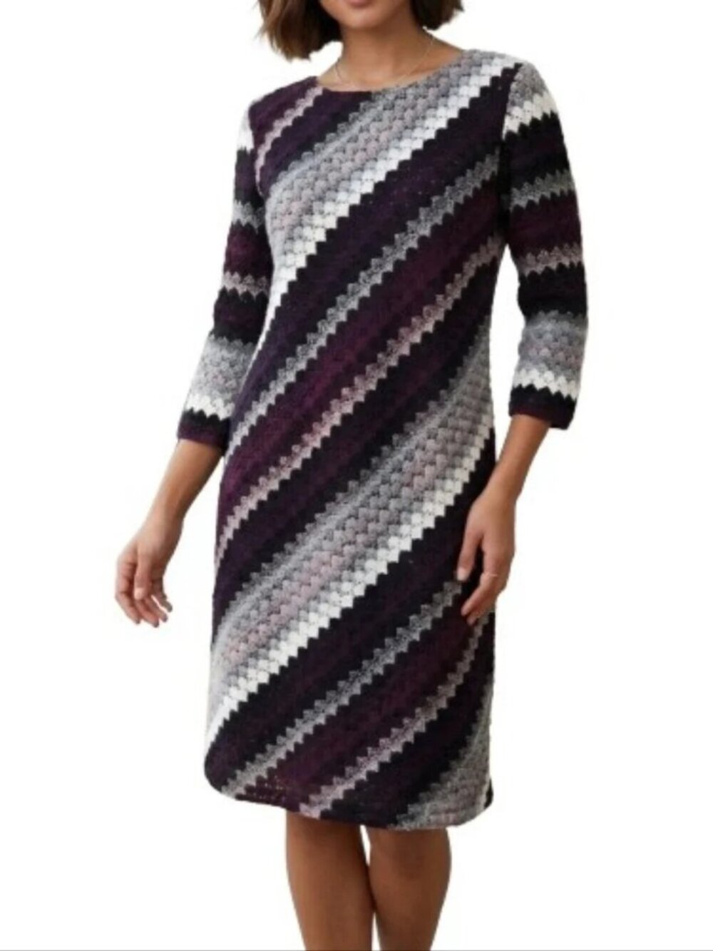 Studio One Plus Dress Purple Multicolor Striped 3/4 Sleeves Knit Style Lace